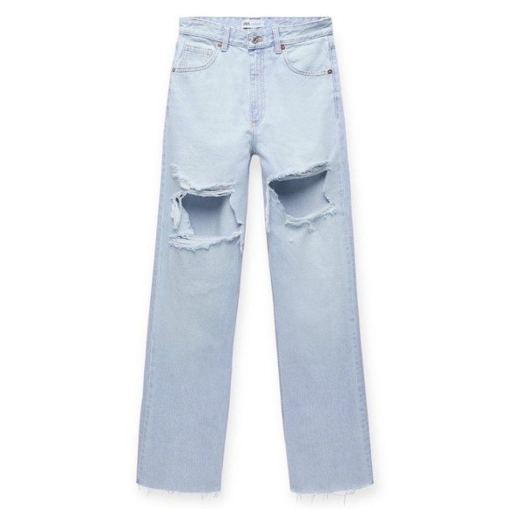 Zara Light Blue Distressed Wide Leg Jeans